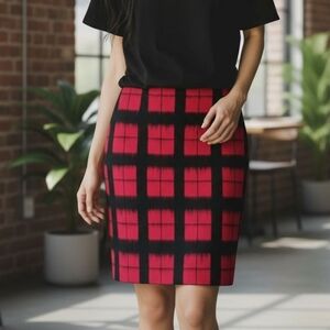Talbots Red and Black Plaid Wool Pencil Skirt Size 2P